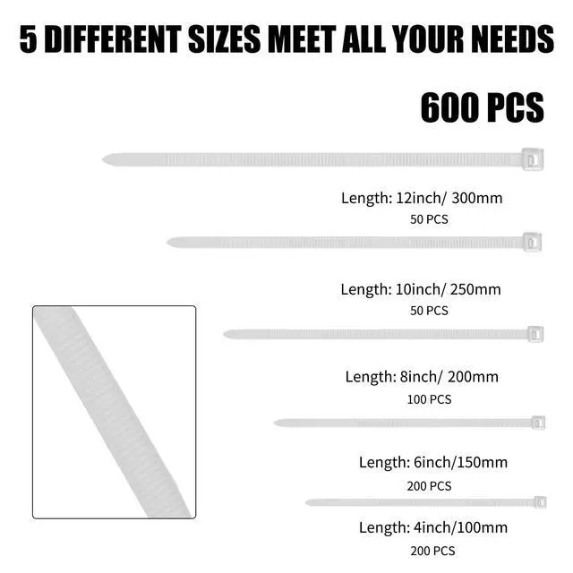 Alt view image 2 of 7 - Cable Zip Ties,600 Piece Self-Locking Nylon Cable Ties,Assorted Sizes 4+6+8+10+12-Inch,Multi-Purpose Wire Management Plastic Ties,Perfect for Home,Garden,Office,Travel and Workshop.White