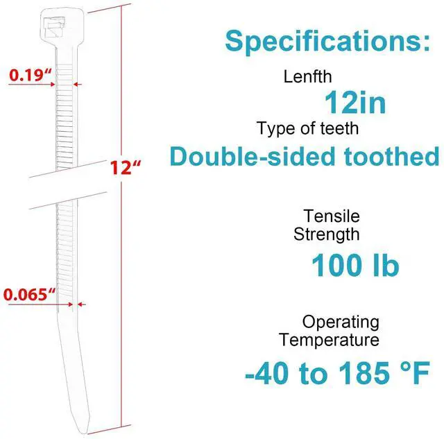 Alt view image 2 of 6 - 12 Inch Zip Ties Double Sided Toothed,100 LBS Tensile Strength Heavy Duty Cable Wire Ties With Self-Locking Adjustable More Durable Nylon Tie Wraps for Indoor Outdoor100 Pack
