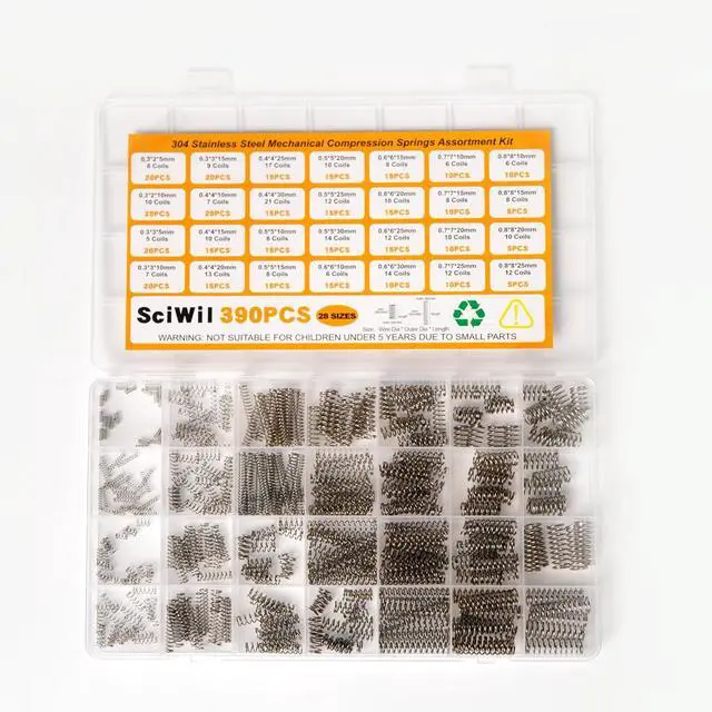 Main image of 390Pcs Small Compression Springs Kit, 28 Sizes Assorted | Coil Spring Assortment for Pen Repair, DIY Crafts, and 3D Printing. Durable 304 Stainless Steel Construction