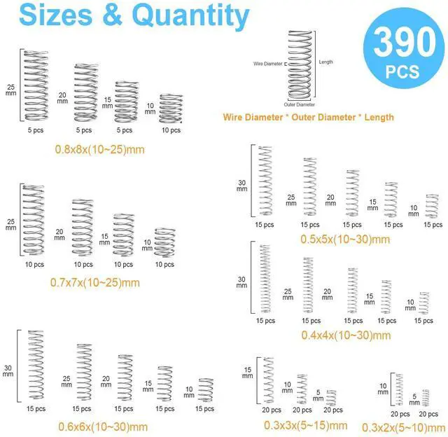 Alt view image 2 of 6 - 390Pcs Small Compression Springs Kit, 28 Sizes Assorted | Coil Spring Assortment for Pen Repair, DIY Crafts, and 3D Printing. Durable 304 Stainless Steel Construction