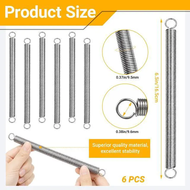 Alt view image 2 of 7 - 6pcs 3/8 Inch x 6-1/3 Inch Stainless Steel Extension Springs | Extension Springs With Hook Ends For Machinery Repair Industrial Screen Door