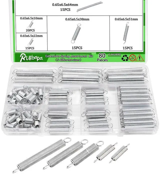 Main image of 80 PCS Extension Spring Assortment Kit 5 Different Sizes, 0.025" Wire Diameter, 1/4" Outside Diameter, 13/32" to 2-1/2" Length,Zinc Plated Extension Springs for Home Repairs & DIY