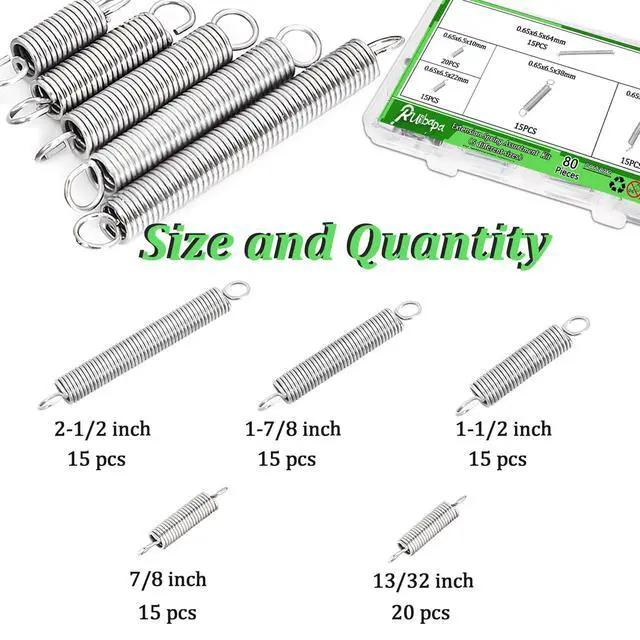Alt view image 2 of 6 - 80 PCS Extension Spring Assortment Kit 5 Different Sizes, 0.025" Wire Diameter, 1/4" Outside Diameter, 13/32" to 2-1/2" Length,Zinc Plated Extension Springs for Home Repairs & DIY