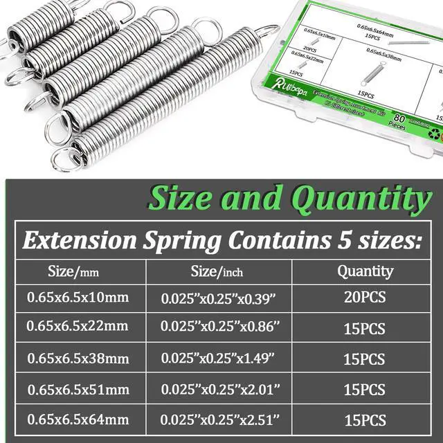 Alt view image 6 of 6 - 80 PCS Extension Spring Assortment Kit 5 Different Sizes, 0.025" Wire Diameter, 1/4" Outside Diameter, 13/32" to 2-1/2" Length,Zinc Plated Extension Springs for Home Repairs & DIY