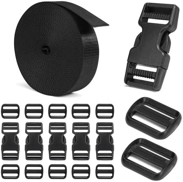 Main image of Buckles and Straps Set 1": 6 Yards of Thick Nylon Webbing, 6-Pack Heavy Duty Adjustable Quick Side Release Plastic Buckles, 12 Tri-Glide Slide Clips, Black (1-Inch Combo Set)