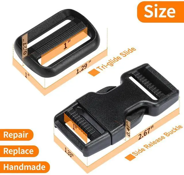 Alt view image 5 of 7 - Buckles and Straps Set 1": 6 Yards of Thick Nylon Webbing, 6-Pack Heavy Duty Adjustable Quick Side Release Plastic Buckles, 12 Tri-Glide Slide Clips, Black (1-Inch Combo Set)