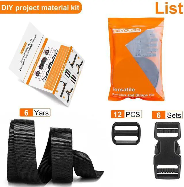 Alt view image 7 of 7 - Buckles and Straps Set 1": 6 Yards of Thick Nylon Webbing, 6-Pack Heavy Duty Adjustable Quick Side Release Plastic Buckles, 12 Tri-Glide Slide Clips, Black (1-Inch Combo Set)