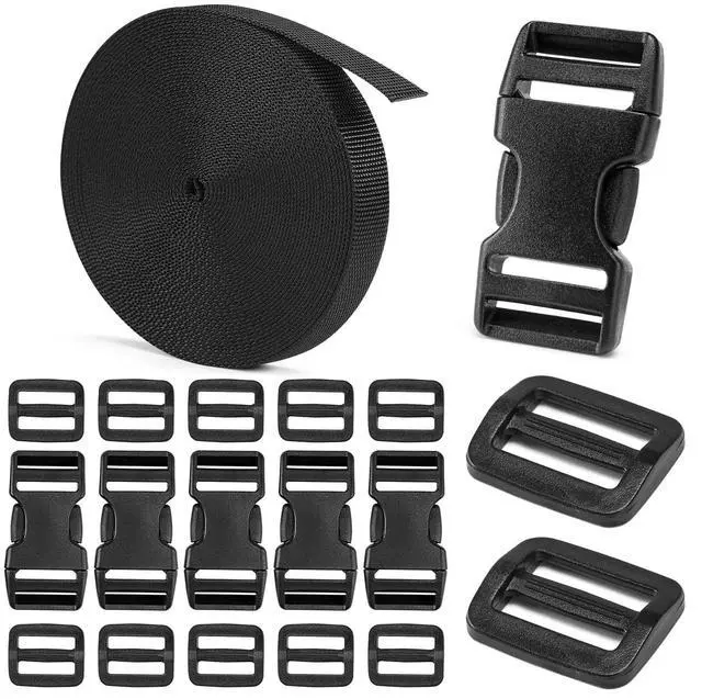 Main image of 3/4" Buckles and Straps Set: 6 Yards of Thick Nylon Webbing, 6-Pack Quick Side Release Adjustable Plastic Buckles, 12 Tri-Glide Slide Clips(3/4 Inch Combo Set)