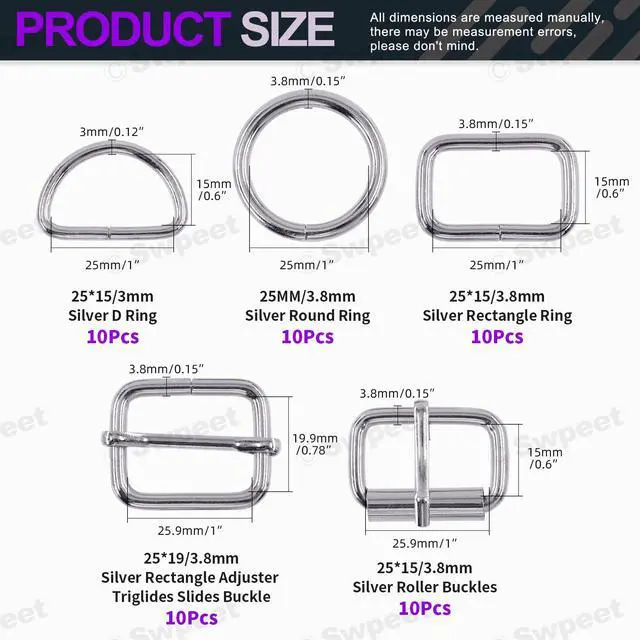 Alt view image 2 of 7 - 5 Style Approx 3/4 Inch Silver Belt Buckle Assortment Kit, Include Metal Roller, Adjustable Slide, D Ring, Circular, Square Ring for Purse Bag