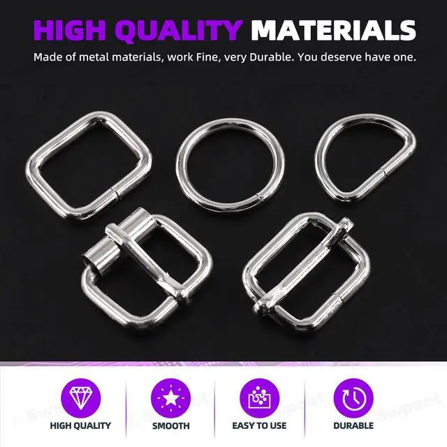 Alt view image 3 of 7 - 5 Style Approx 3/4 Inch Silver Belt Buckle Assortment Kit, Include Metal Roller, Adjustable Slide, D Ring, Circular, Square Ring for Purse Bag