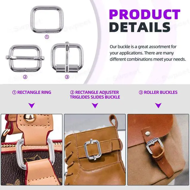 Alt view image 4 of 7 - 5 Style Approx 3/4 Inch Silver Belt Buckle Assortment Kit, Include Metal Roller, Adjustable Slide, D Ring, Circular, Square Ring for Purse Bag