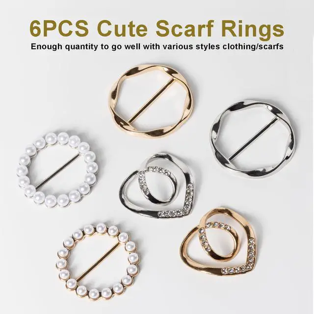 Alt view image 2 of 6 - 6PCS Cute Scarf Ring and Slides for Scarves, Premium T-Shirt Clips for Women Clothing, 3 Different Sized Waist Cinch Clip Buckle For Womens Clothing Accessories, Gold/Silver