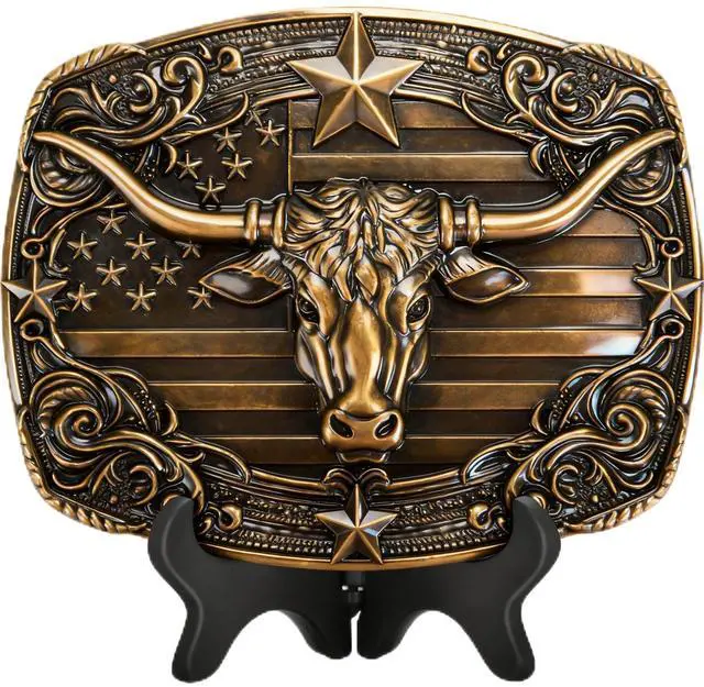 Main image of Mens Belt Buckle Western Cowboy - Texas Bull Western Belt Buckle for Men Cowboy Rodeo Country Belts Buckles (Bronze)