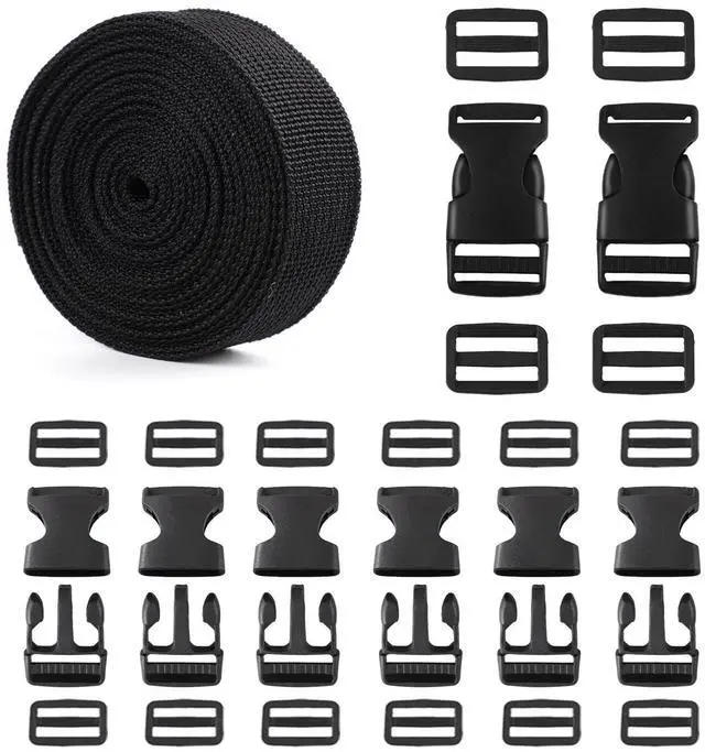 Main image of Strap and Buckles kit - 18 ft Nylon Webbing 1 inch wide, 8 Pack Quick Release Buckle, 16 pieces Tri-Glide Slide Clips, Black Stylish Plastic Buckles for Strips 1 inch Set, Adjustable Non-sewing