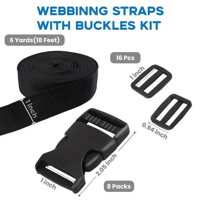 Alt view image 2 of 6 - Strap and Buckles kit - 18 ft Nylon Webbing 1 inch wide, 8 Pack Quick Release Buckle, 16 pieces Tri-Glide Slide Clips, Black Stylish Plastic Buckles for Strips 1 inch Set, Adjustable Non-sewing