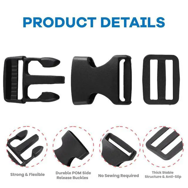Alt view image 3 of 6 - Strap and Buckles kit - 18 ft Nylon Webbing 1 inch wide, 8 Pack Quick Release Buckle, 16 pieces Tri-Glide Slide Clips, Black Stylish Plastic Buckles for Strips 1 inch Set, Adjustable Non-sewing