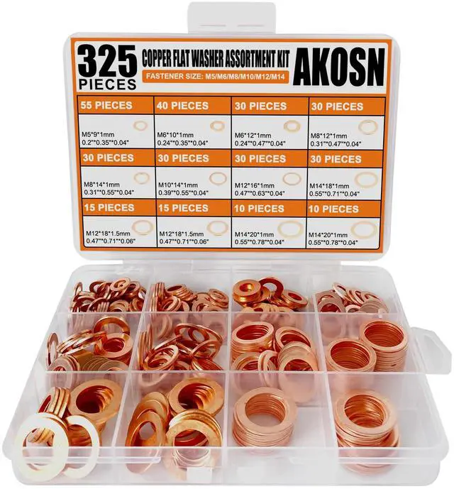 Main image of 325 PCS Crush Copper Washers Assortment Kit; 10 Size Flat Sealing Copper Washers (M5-M14) for Electronic, Automotive, Motorcycles, Marine and Mechanical Use