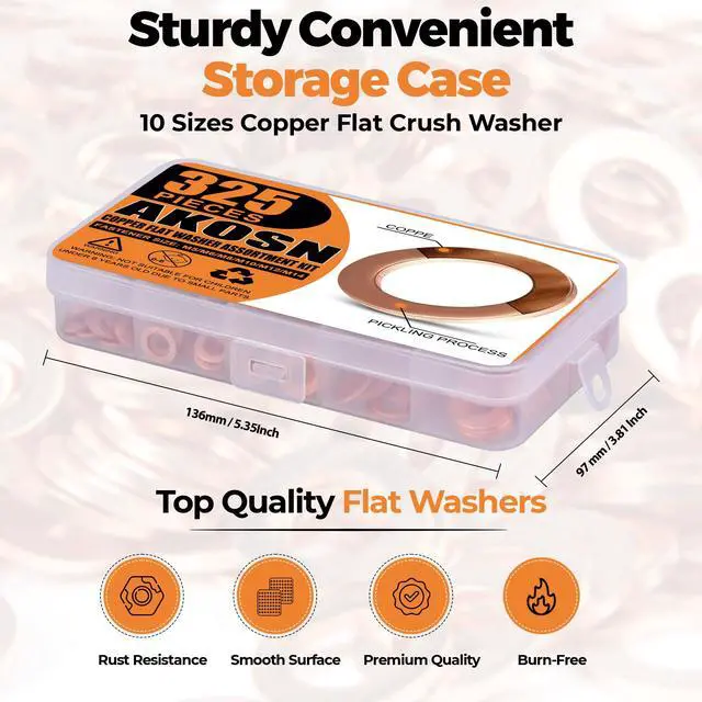 Alt view image 2 of 6 - 325 PCS Crush Copper Washers Assortment Kit; 10 Size Flat Sealing Copper Washers (M5-M14) for Electronic, Automotive, Motorcycles, Marine and Mechanical Use