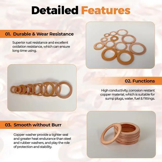 Alt view image 4 of 6 - 325 PCS Crush Copper Washers Assortment Kit; 10 Size Flat Sealing Copper Washers (M5-M14) for Electronic, Automotive, Motorcycles, Marine and Mechanical Use