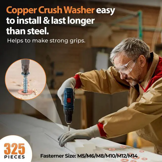 Alt view image 5 of 6 - 325 PCS Crush Copper Washers Assortment Kit; 10 Size Flat Sealing Copper Washers (M5-M14) for Electronic, Automotive, Motorcycles, Marine and Mechanical Use