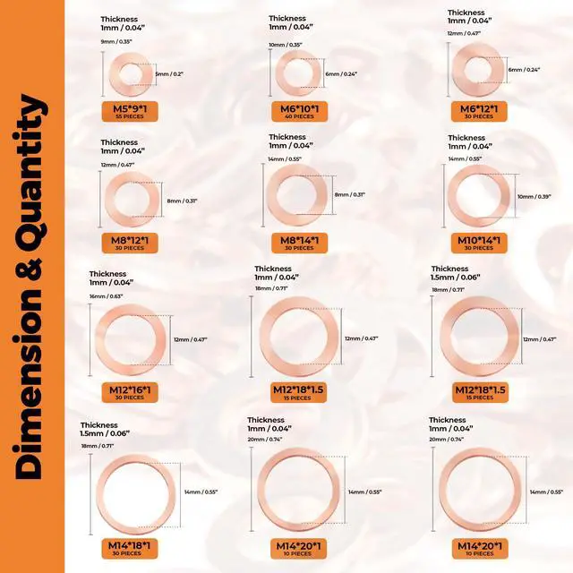 Alt view image 3 of 6 - 325 PCS Crush Copper Washers Assortment Kit; 10 Size Flat Sealing Copper Washers (M5-M14) for Electronic, Automotive, Motorcycles, Marine and Mechanical Use
