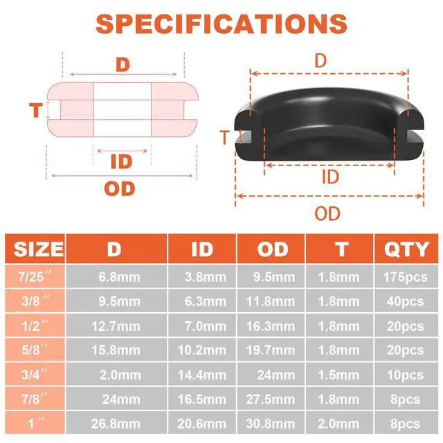 Alt view image 2 of 7 - 280 PCS Rubber Grommet Kit, Rubber Hole Grommet Gaskets Assortment for Wiring, Wire, Automotive, Firewall, Sheet Metal, Hardware Repair, 7 Sizes 7/25", 3/8", 1/2", 5/8", 3/4", 7/8", 1"