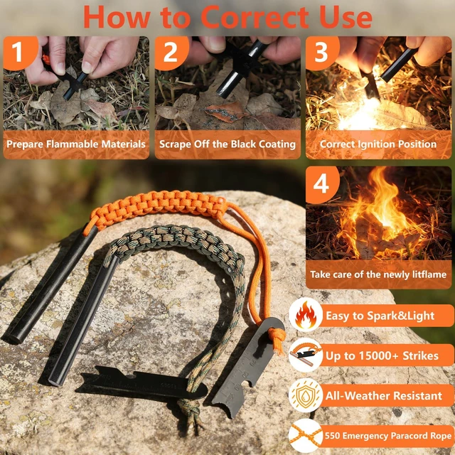 Alt view image 4 of 7 - Flint Ferro Rod, Survival Fire Starter and Striker Kit, 4/5 Inch | 20,000+ Strikes, Large Hot Sparks, Ferrocerium Rod with Paracord Landyard for Hiking and Camping