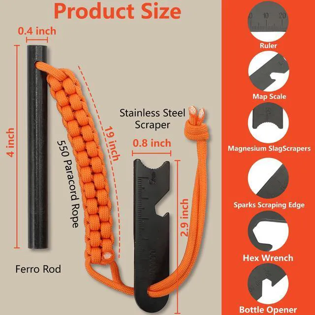 Alt view image 6 of 7 - Flint Ferro Rod, Survival Fire Starter and Striker Kit, 4/5 Inch | 20,000+ Strikes, Large Hot Sparks, Ferrocerium Rod with Paracord Landyard for Hiking and Camping