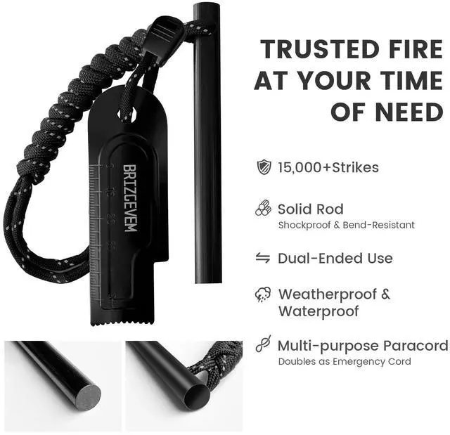 Alt view image 3 of 7 - Ferro Rod Fire Starter with Waxed Tinder Cord and Larger Striker | 6" and 4", 15,000+ Strikes, More sparks, Easier strikes, Waterproof flint fire steel, Reflective 550 paracord wrist lanyard
