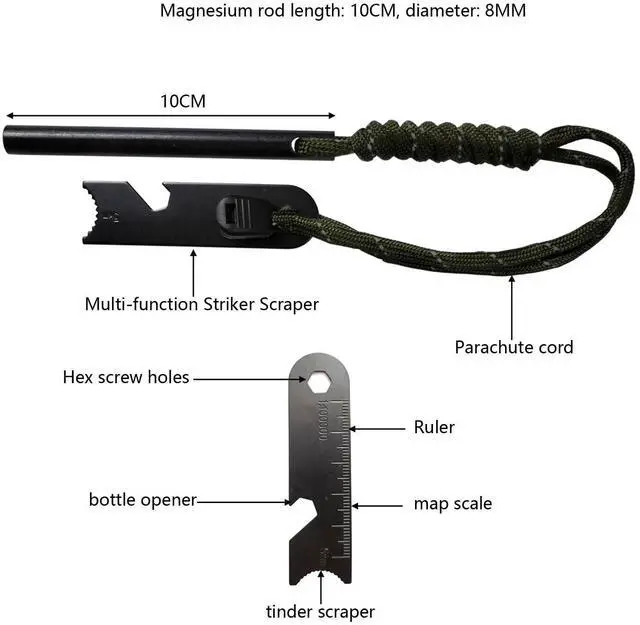 Alt view image 2 of 7 - Magnesium Ferro Rod Fire Starter, 3 Pcs/Set, 4-Inch with Paracord Handle and Multi-Function Striker Scraper, Hand Tools for use with Burning Campfires, Waterproof Flint fire Starter