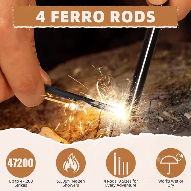 Alt view image 3 of 7 - Fire Starter Survival Kit, 10-Piece Ferro Rod Set with Tinder Wicks & Paracord, Flint and Steel Fire Striker for Camping, Bushcraft, Emergency Bug Out Bag, All-Weather Ignition