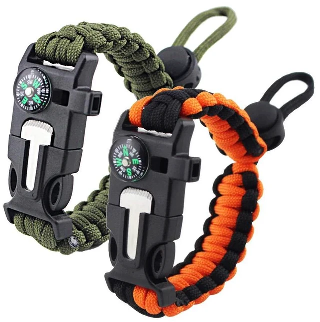 Main image of Pimoys 2 Pack Survival Paracord Bracelet Flint Fire Starter Scraper Compass Wilderness Survival Whistle Adjustable Wristband Armygreen&BlackOrange