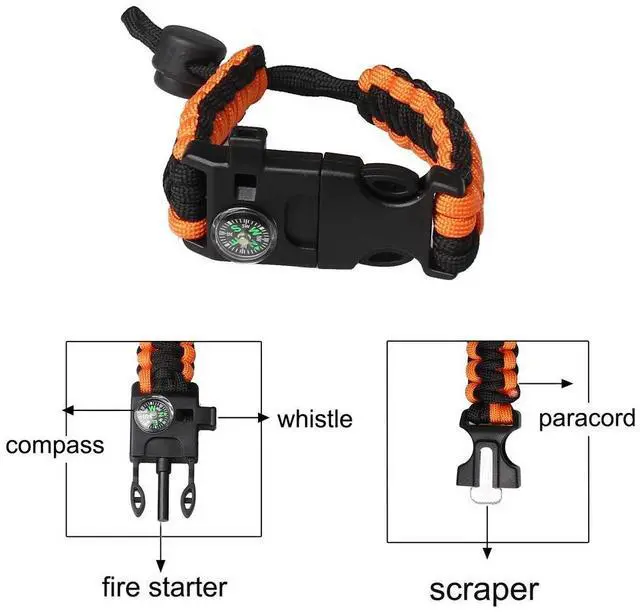 Alt view image 2 of 7 - Pimoys 2 Pack Survival Paracord Bracelet Flint Fire Starter Scraper Compass Wilderness Survival Whistle Adjustable Wristband Armygreen&BlackOrange