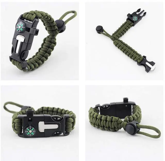 Alt view image 4 of 7 - Pimoys 2 Pack Survival Paracord Bracelet Flint Fire Starter Scraper Compass Wilderness Survival Whistle Adjustable Wristband Armygreen&BlackOrange