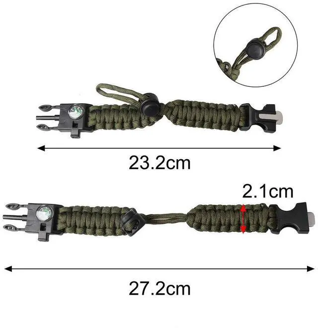 Alt view image 3 of 7 - Pimoys 2 Pack Survival Paracord Bracelet Flint Fire Starter Scraper Compass Wilderness Survival Whistle Adjustable Wristband Armygreen&BlackOrange
