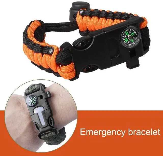 Alt view image 6 of 7 - Pimoys 2 Pack Survival Paracord Bracelet Flint Fire Starter Scraper Compass Wilderness Survival Whistle Adjustable Wristband Armygreen&BlackOrange