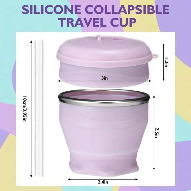 Alt view image 2 of 6 - 3 Pack Silicone Collapsible Travel Cups with Straws 6oz Foldable Water Cup Folding Camping Mug Small Portable Drinking Cup with Lid for Travel Cruise Hiking Summer Outdoors
