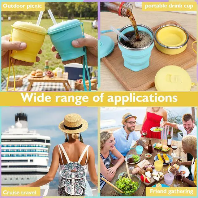 Alt view image 6 of 6 - 3 Pack Silicone Collapsible Travel Cups with Straws 6oz Foldable Water Cup Folding Camping Mug Small Portable Drinking Cup with Lid for Travel Cruise Hiking Summer Outdoors