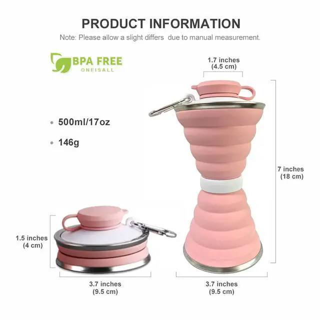 Alt view image 6 of 7 - Collapsible Water Bottle, 17 oz Silicone Foldable Camping Cup with Carabiner, Reusable Leak Proof Portable Sports Travel Water Bottle for Outdoor, Travel, Gym, Hiking, BPA Free