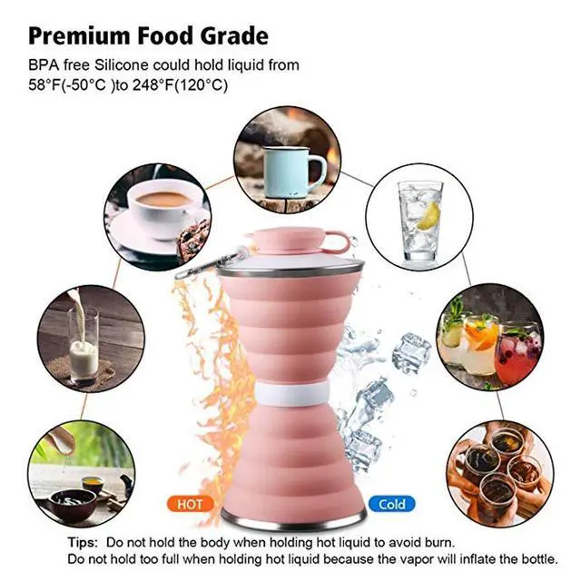 Alt view image 4 of 7 - Collapsible Water Bottle, 17 oz Silicone Foldable Camping Cup with Carabiner, Reusable Leak Proof Portable Sports Travel Water Bottle for Outdoor, Travel, Gym, Hiking, BPA Free