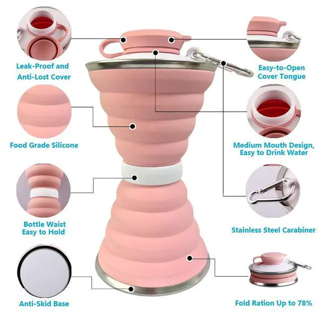 Alt view image 7 of 7 - Collapsible Water Bottle, 17 oz Silicone Foldable Camping Cup with Carabiner, Reusable Leak Proof Portable Sports Travel Water Bottle for Outdoor, Travel, Gym, Hiking, BPA Free