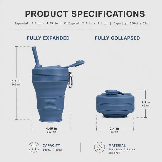 Alt view image 2 of 7 - 20oz Collapsible Cup with Lid Portable Collapsible Coffee Cup BPA-Free Collapsible Cups for Traveling Camping Hiking Picnic