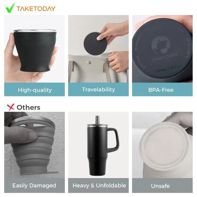 Alt view image 2 of 7 - Collapsible Cup 8 oz, Foldable with Lid for Travel, Charcoal | BPA-Free Food-Grade Silicone, Waterproof Pouches, Dishwasher Safe, Reusable, for Camping, Outdoors