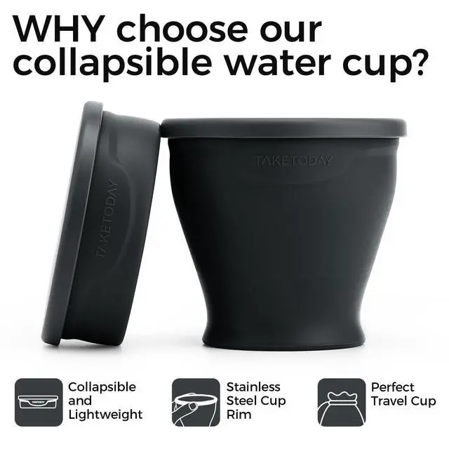 Alt view image 3 of 7 - Collapsible Cup 8 oz, Foldable with Lid for Travel, Charcoal | BPA-Free Food-Grade Silicone, Waterproof Pouches, Dishwasher Safe, Reusable, for Camping, Outdoors