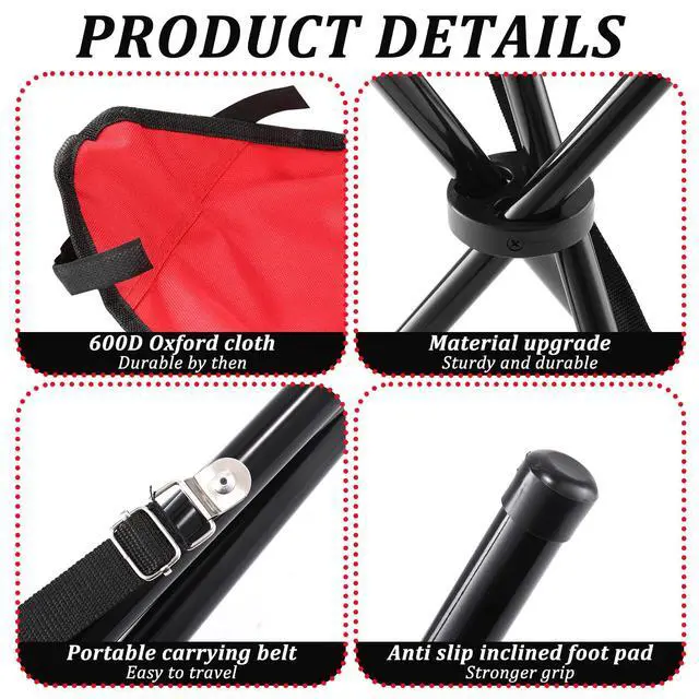 Alt view image 3 of 6 - Travel Folding Camping Stool, 17.7 Inch Outdoor Tripod Seat Portable Fishing Chair Sturdy Three Legged Stool with Carry Strap for Camping Party Hiking Golf Mountaineering Picnic Beach, Red
