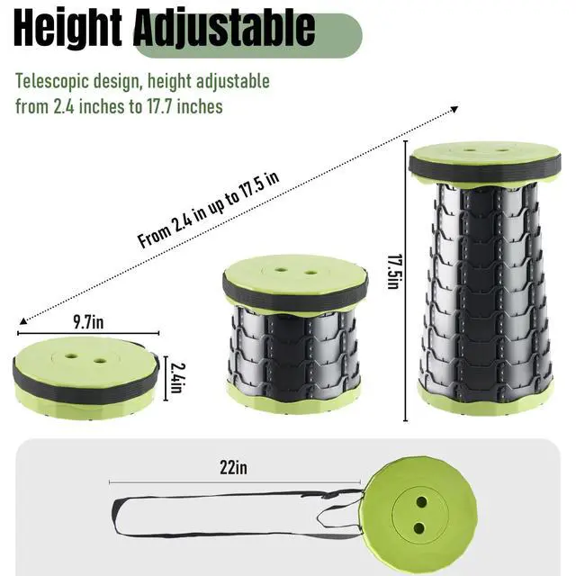 Alt view image 2 of 7 - Portable Collapsible Stool, Pop Up Stool, Retractable Camping Seat | Height range 2.4-17.5 in; thickened PP, 2 lb design and shoulder strap for fishing, hiking, BBQ, travel, and outdoor use.