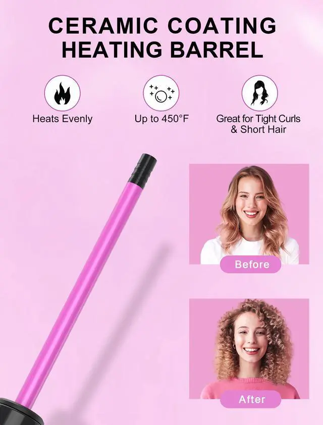 Alt view image 3 of 7 - 3/8 Inch Ceramic Small Curling Wand for Short Hair, 9mm Small Curling Iron | 9mm Small Barrel Without Clamp for Tight Curls, 450°F/430°F Dual Heat Settings, Dual Voltage, Pink