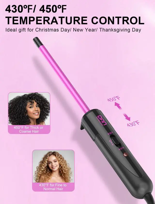 Alt view image 4 of 7 - 3/8 Inch Ceramic Small Curling Wand for Short Hair, 9mm Small Curling Iron | 9mm Small Barrel Without Clamp for Tight Curls, 450°F/430°F Dual Heat Settings, Dual Voltage, Pink