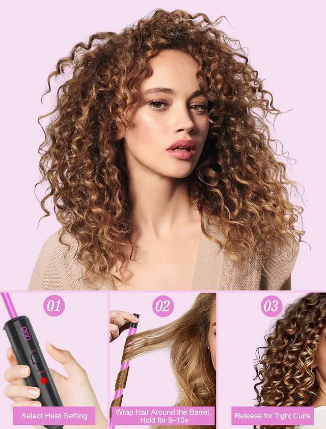 Alt view image 5 of 7 - 3/8 Inch Ceramic Small Curling Wand for Short Hair, 9mm Small Curling Iron | 9mm Small Barrel Without Clamp for Tight Curls, 450°F/430°F Dual Heat Settings, Dual Voltage, Pink