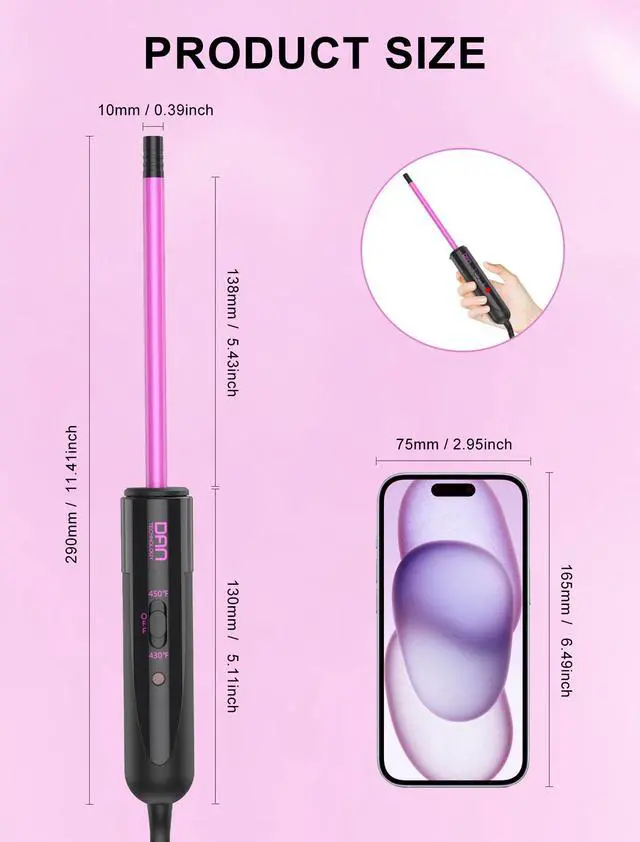 Alt view image 7 of 7 - 3/8 Inch Ceramic Small Curling Wand for Short Hair, 9mm Small Curling Iron | 9mm Small Barrel Without Clamp for Tight Curls, 450°F/430°F Dual Heat Settings, Dual Voltage, Pink